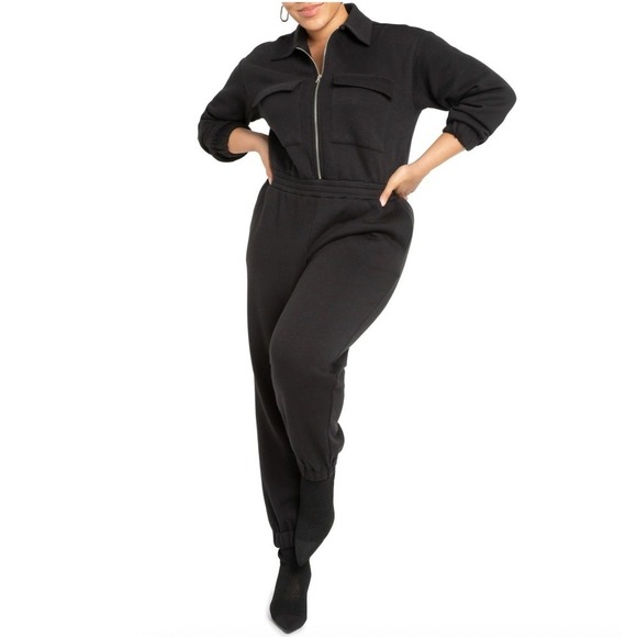Eloquii Pants - Black Sweatshirt Fleece Long Sleeve Jumpsuit Zipper M